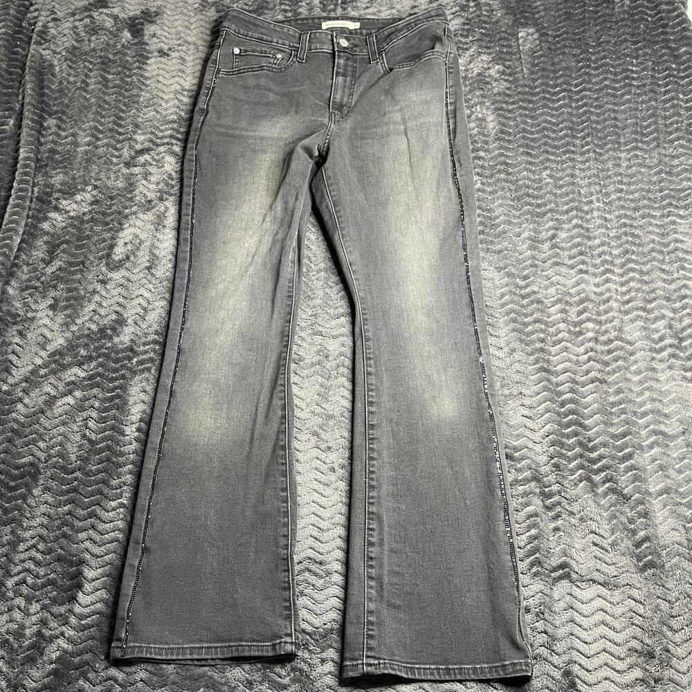 Levis 725 High Rise Bootcut Jeans Womens 31x30 Washed Black Rhinestone Side Seam